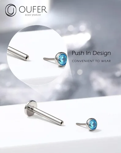 Vista 5 de OUFER - 2 aretes tipo dormilona de titanio G23 sin rosca, 20G/18G/16G, con respaldo plano y circonia cúbica pequeña, piercing para nariz, helix
