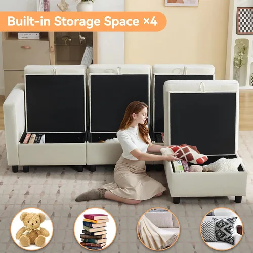 Vista 3 de WUTUTUEE Sofá seccional modular en forma de L de 83" con almacenamiento y otomano móvil, sofá convertible de 4 asientos reversible chaise de Beige