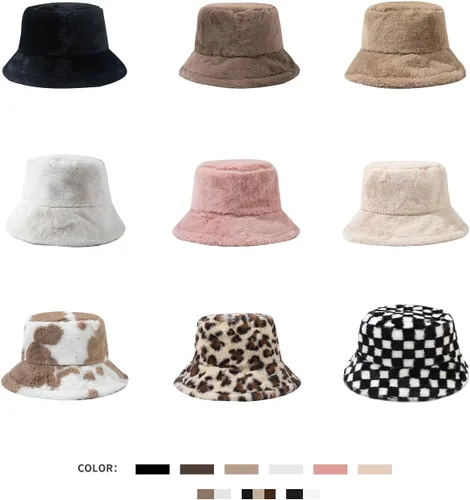 Vista 7 de Peicees Sombrero de pescador esponjoso de invierno para mujeres y niñas, gorro de pescador de piel sintética, Impresión de leopardo
