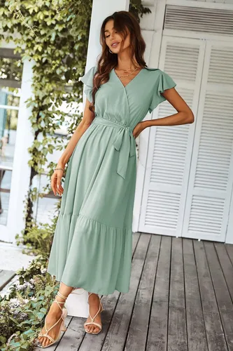 Vista 9 de PRETTYGARDEN - Vestido floral de verano para mujer, cruzado, con cuello en V, manga corta, con cinturón, dobladillo con volantes, acampanado