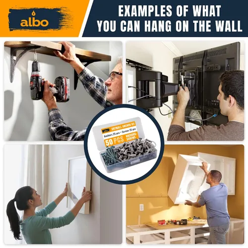 Vista 7 de Kit de anclaje para paneles de yeso Albo Anclajes de pared huecos con tornillos 50 piezas. (Anclaje gris 25 piezas + tornillos 25 piezas) Anclajes