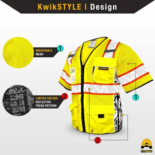 Vista 2 de KwikSafety - Charlotte, NC - Chaleco de seguridad de edición limitada EXECUTIVE HIGHWAYBOSS [8 bolsillos] Equipo de construcción de malla Amarillo