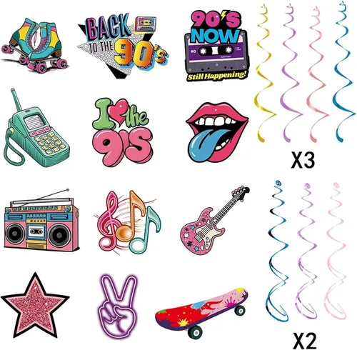Vista 6 de Decoraciones de fiesta temática de los años 90, remolinos colgantes retro con cassette, boombox, patín de ruedas, notas musicales, 24 piezas