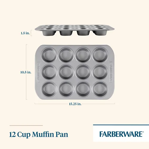 Vista 2 de Farberware, utensilio para hornear antiadherente, asadera para muffins (12 copas), color gris, Sartén para muffins, 12 tazas, ninguno , Gris