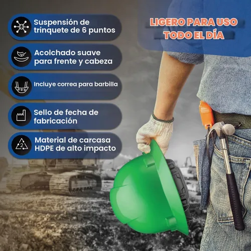 Vista 3 de Casco duro OSHA de ala completa ventilado de color sólido con suspensión de 6 puntos Verde