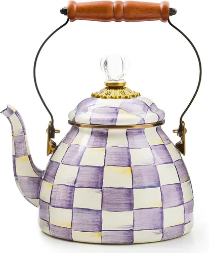 Vista 14 de MACKENZIE-CHILDS Tetera esmaltada, elegante tetera para estufa, cuadros cortesanos en blanco y negro, 3 cuartos de galón color fantasía