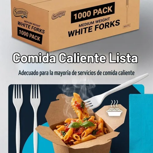 Vista 6 de Settings Tenedores de plástico blanco, 1000 unidades, tenedores desechables de alta resistencia, cubiertos de plástico a granel sin BPA