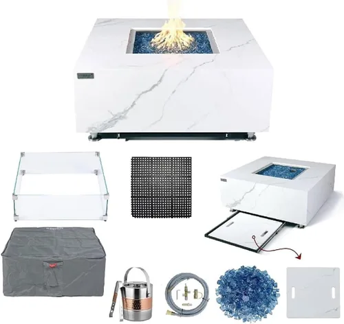 Vista 21 de Elementi+ Mesa de Fuego de Gas Colorado de Hormigón Fundido de 56" Rectangular, Hoguera al Aire Libre con Ignición Electrónica Incluye Cubierta