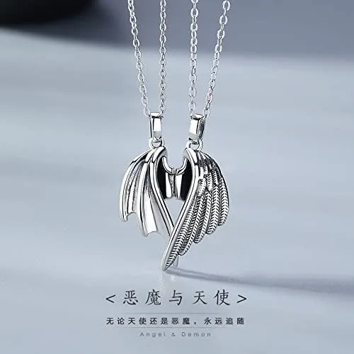 Vista 3 de COLORFUL BLING 2 piezas de collar con colgante de ala de demonio de ángel para mujeres, hombres, amantes, parejas, familia, rompecabezas