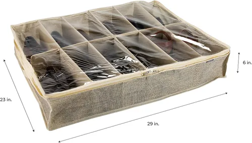 Vista 4 de Simplify Plegable, asas, cubierta de cremallera, material transpirable, en yute sintético 12 pares debajo de la cama caja de almacenamiento