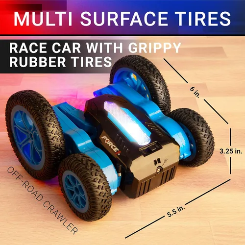 Vista 5 de Force1 Tornado Blue - Auto de control remoto con LED para niños - Conducción de doble cara, autos RC rápidos con giros de 360°, auto RC todoterreno