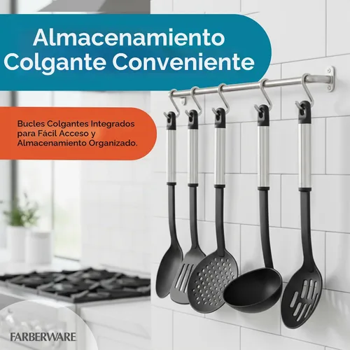 Vista 7 de Farberware Juego de herramientas de cocina de acero inoxidable - Negro, juego de 5 Negro/Plateado