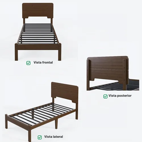 Vista 9 de Marco de cama individual de madera de bambú maciza de 14 pulgadas de alto con cabecero, soporte de listones de metal resistente, fácil montaje,