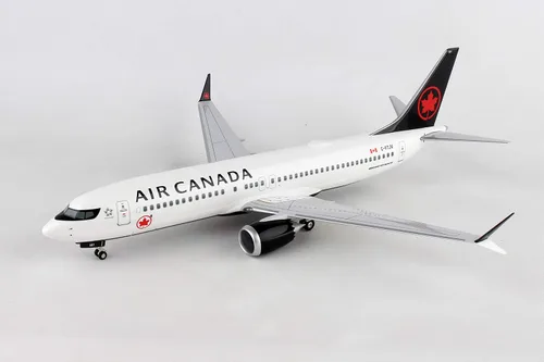 Vista 4 de Daron Skymarks Air Canada 737MAX8 1/100 con soporte de madera y engranaje