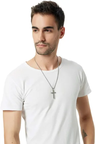 Vista 7 de REVEMCN Collar con colgante de cruz de Jesús de acero inoxidable para hombres y mujeres, cadena Rolo de 20 a 24 pulgadas, regalos cristianos