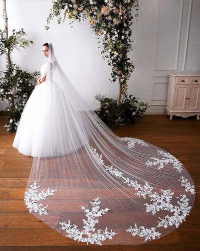 Vista 2 de ELAWBTY 55 velo de novia de encaje floral para mujer longitud catedral 1 T