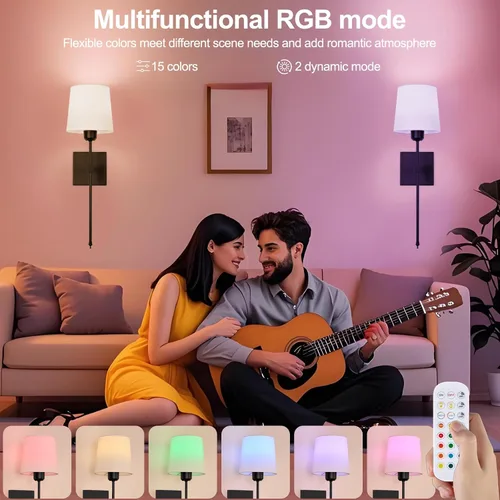 Vista 2 de Juego de 2 apliques de pared a pilas, luces de pared recargables inalámbricas negras con bombillas RGB recargables regulables, lámpara de pared