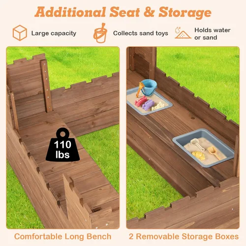 Vista 6 de HONEY JOY Caja de arena para niños, pozo de arena sin fondo de cedro para patio trasero, 4 banderas rojas y forro inferior, banco lateral y 2 cajas