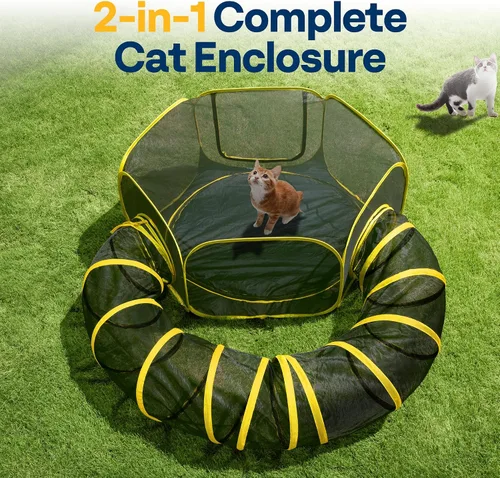 Vista 7 de VIVOHOME Cercas exteriores para gatos 2-en-1, Catio portátil con tienda de campaña para gato, túnel de corral circular, para gatitos y animales