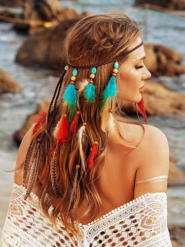 Vista 5 de GORTIN Diadema de plumas bohemias, tocado hippie, disfraz indio gitano, accesorio bohemio para el cabello para mujer (A-azul + rojo)