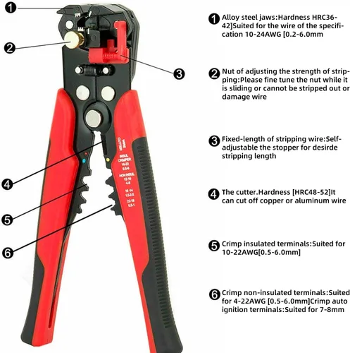 Vista 4 de Cortador de alambre autoajustable 5 en 1, herramienta multifuncional para prensado de cables, engarzado, corte, 10-24 AWG, 0.2-6.0 mm², (rojo)