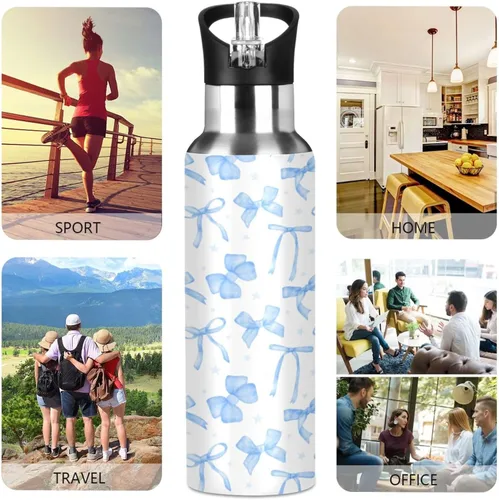 Vista 5 de Blueangle Botella de agua de 20 onzas con lazo de cinta azul, doble pared al vacío, botella de agua de acero inoxidable a prueba de fugas, botella