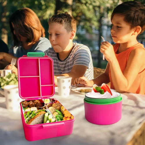 Vista 5 de Kidz Bento - Lonchera con termo de sopa, 4 compartimentos, a prueba de fugas, tarro de comida aislado para viajes, picnic