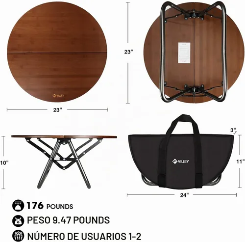 Vista 3 de VILLEY Mesa de camping plegable de bambú, mesa redonda de tarjetas de 24