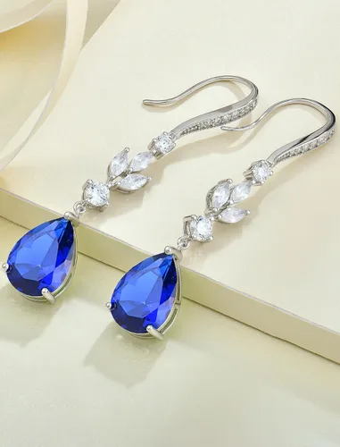 Vista 5 de Aretes colgantes de lágrima grande de boda con piedras natales de 0.394 x 0.551 in, aretes largos de plata de ley para mujer, regalos de joyería