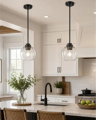 Vista 24 de Luces Colgantes para Isla de Cocina, 7" Luminarias Colgantes Negras y Doradas con Pantalla de Globo de Vidrio Transparente, Iluminación Moderna