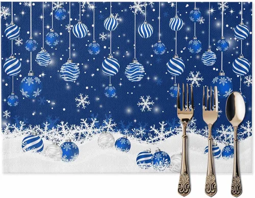 Vista 2 de Juego de 6 manteles individuales de mesa de Navidad, manteles individuales de algodón y lino antideslizantes lavables, bolas de Navidad, copos