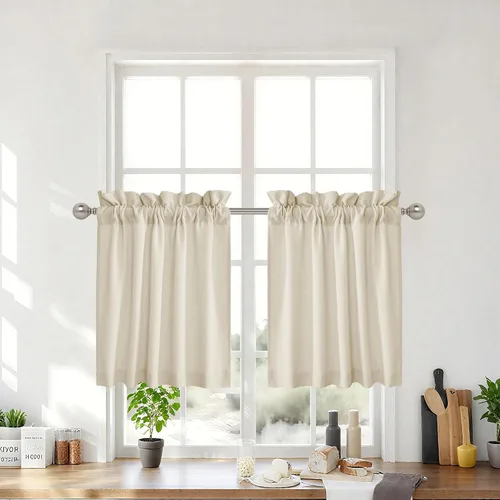 Vista 40 de RYB HOME - Cortinas de café de 24 pulgadas de largo, cortinas cortas de lino traslúcidas para ventana pequeña, cortina de media privacidad con Angora
