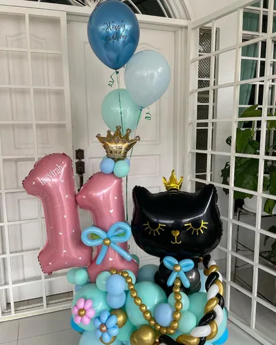 Vista 7 de Globos gigantes de gato de 22 pulgadas, adorable corona negra, gatito, blanco, globos para decoración de fiesta de cumpleaños con temática de 4 gato