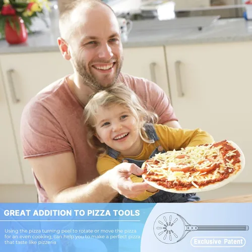 Vista 13 de Cáscara giratoria de pizza, 8 pulgadas, mango largo perforado de aluminio con gancho de silicona, accesorios para horno de pizza