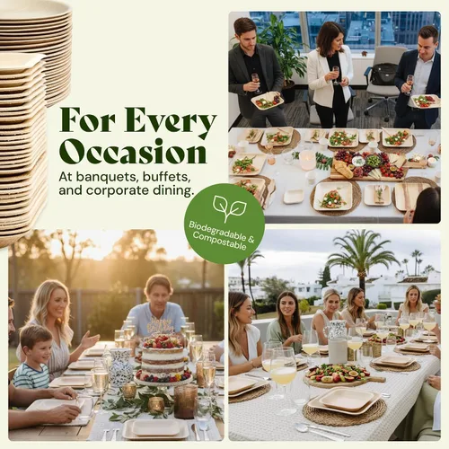 Vista 5 de Chic Leaf Platos desechables cuadrados de hoja de palma de bambú, paquete de 100 unidades de 8 pulgadas, vajilla biodegradable y compostable, platos