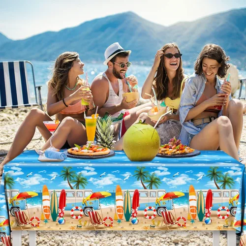 Vista 6 de 3 manteles de playa de verano, fundas de mesa temáticas de playa, decoración de mesa temática de cumpleaños hawaiano para verano, piscina, surf
