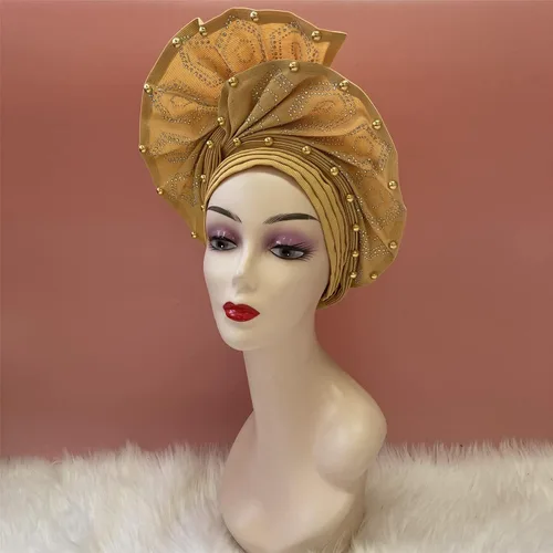 Vista 4 de Diademas africanas de lujo de Aso Oke Headtie ya hecho con diadema para mujer, turbante envolvente para la cabeza, cabeza de gel, pañuelo