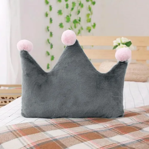 Vista 6 de Almohada de felpa en forma de corona, 20 x 15 pulgadas, gris, relleno de algodón PP, cojín decorativo para sofá cama, perfecto para el hogar