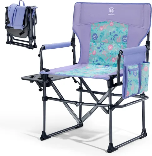 Vista 17 de EVER ADVANCED Silla de directores de camping con mesa auxiliar, plegable portátil con tamaño compacto, silla de césped resistente con bolsillo