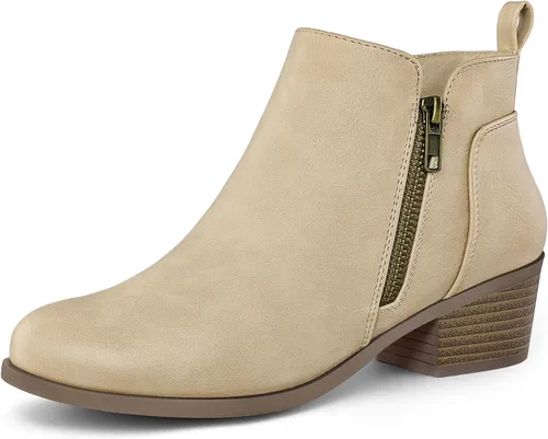Vista 9 de Mysoft - Botines de tobillo para mujer con tacón bajo grueso y puntera redonda, estilo casual, cómodos, cortos con cremallera lateral PU Coñac