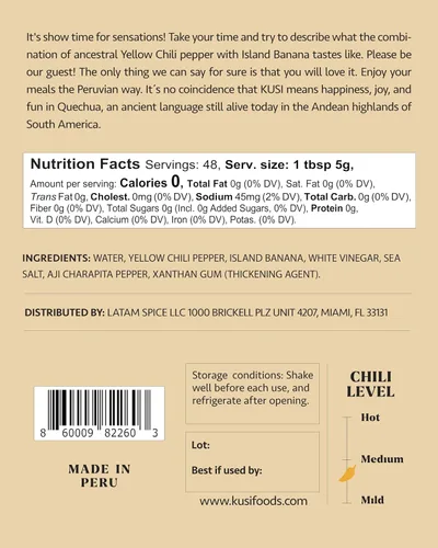 Vista 2 de Kusi Foods MYSTIC GOLD - Salsa picante peruana suave, hecha con chiles amarillos, plátano y charapita aji, afrutado, ligeramente dulce y picante