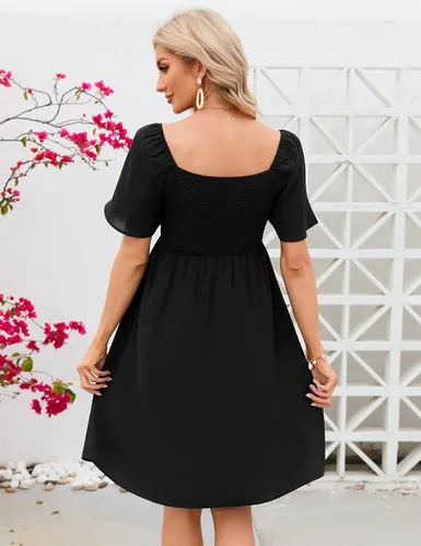 Vista 3 de KOJOOIN Vestido de maternidad de verano para mujer, lazo en la espalda, cuello cuadrado, manga abombada, hombros descubiertos, vestido de baby shower