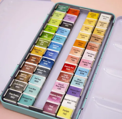 Vista 6 de Craftelier - Pastillero de acuarela con surtido de 48 colores + pincel de agua con depósito de agua para caligrafía, letras o medios mixtos y otras