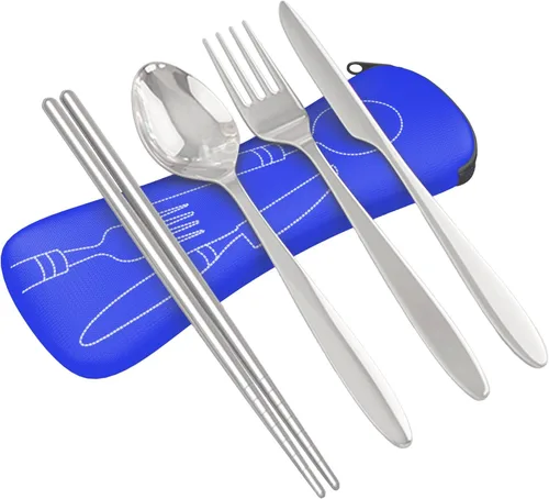 Vista 10 de Set de 4 unidades (cuchillo, tenedor, cuchara, palillos) para Viajes/Camping –Cubertería de acero inoxidable con funda de neopreno