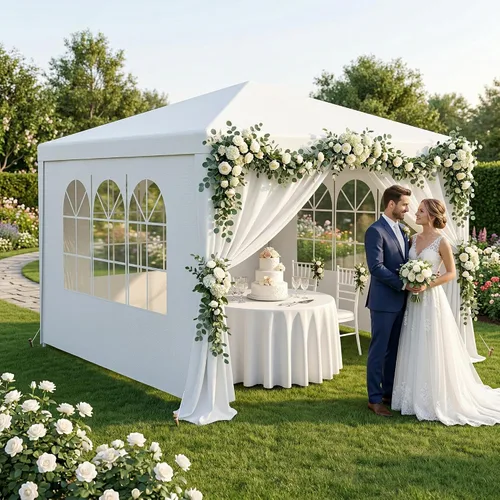 Vista 8 de LEMY Tienda de Fiesta, Carpa Gazebo para Exteriores de 10'x10' con Paredes Laterales Removibles y Ventanas, Tienda Blanca Resistente al Agua