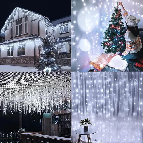 Vista 7 de KiflyTooin Luces Solares de Navidad para Exteriores Impermeables Luces de Cortina para Decoraciones de Navidad 320 LED 29.5 pies 60 Gotas, Luces