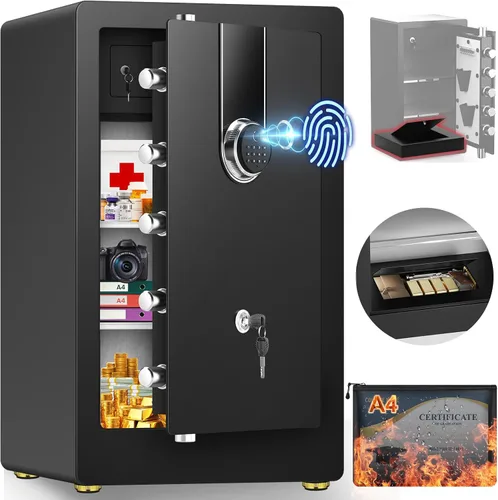 Vista 9 de Caja de seguridad biométrica grande de 23.62 pulgadas de alto con bolsa de documentos ignífuga, caja de seguridad de acero resistente con bloqueo