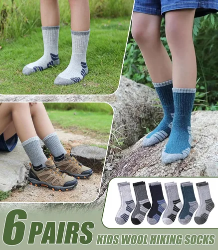 Vista 5 de NOCIN COLOR Calcetines de senderismo de lana merina para niños y niñas pequeños, térmicos, cálidos, para invierno, calcetines de regalo, 6 pares