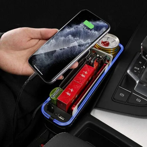 Vista 6 de Tumecos Organizador de espacio para asiento de automóvil con luz multifuncional con portavasos pequeño, organizador de asiento de automóvil, relleno