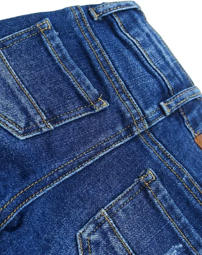 Vista 5 de KIDSCOOL SPACE Pantalones de mezclilla bordados de color rojo con banda elástica en el interior, rasgados